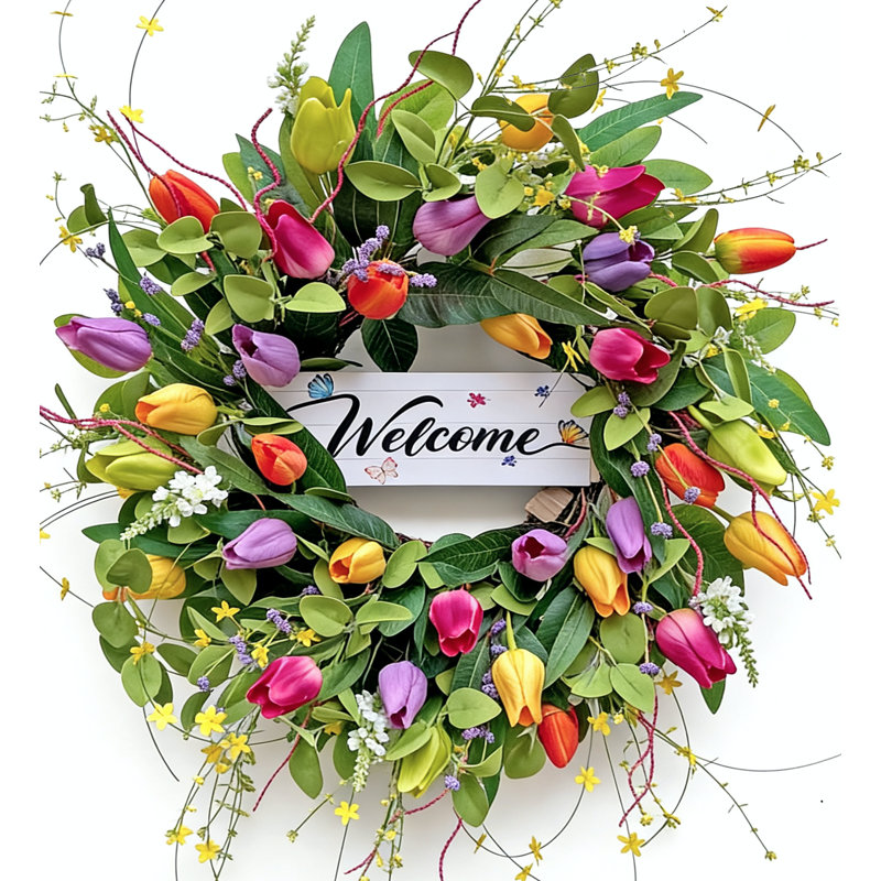 August Grove® 24-inch Spring Wreath With Roses, Tulips & Greenery